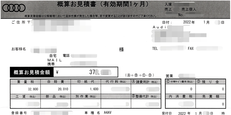 アウディA4アバントの車検費用を公開!見積もり料取られるの?